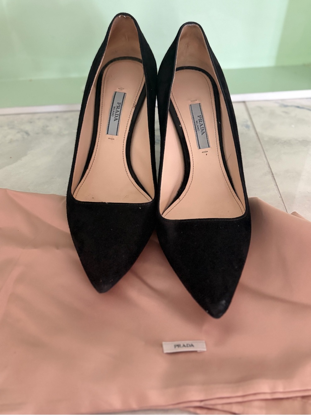 Prada Black Suede Pointed Toe Pumps with Gold Kitten Heel